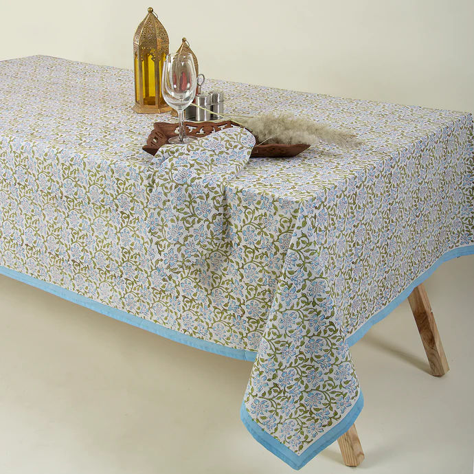 Green Floral Print Cotton 8 Seater Dining Table Cover